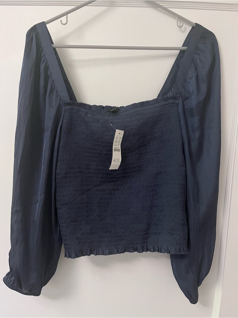 J Crew Smocked Navy Square-Neck Long Sleeve Top